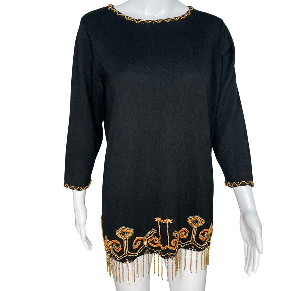 S Vintage Carole Little Knits Beaded Fringe Tunic Sweater Linen Cotton Boho Chic